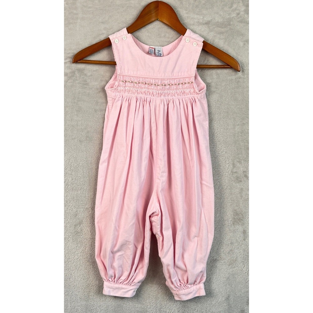 Vintage Girls Pink Corduroy Smocked Romper Jumpsuit 24M 100% Cotton Overalls 24